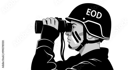 EOD soldier with binoculars, camouflage face paint, looking for danger