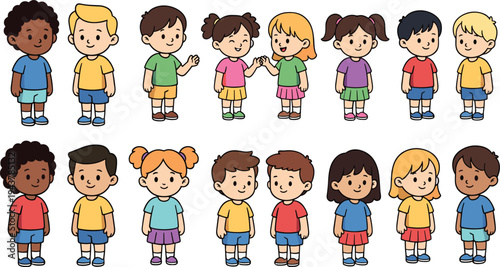 Diverse cartoon kids characters collection showing boys and girls with different hairstyles and clothes isolated children illustration set for education and diversity concept
