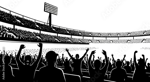 Excited Crowd Cheering at Sports Stadium Event, Silhouette Fans with Hands Up