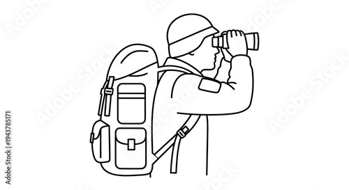 Explorer with Backpack Looking Through Binoculars, Adventure and Discovery Concept