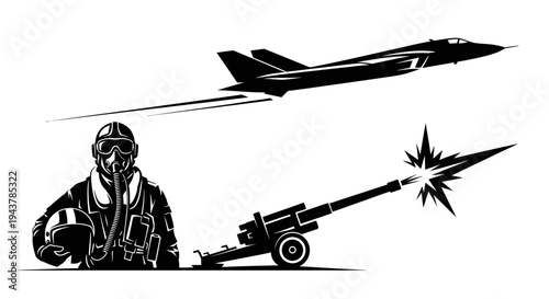 Fighter Jet and Artillery Cannon Firing, Pilot Silhouette - Military Power and Technology