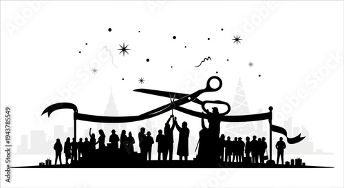 Grand Opening Ceremony Silhouette: Ribbon Cutting with Scissors and Crowd