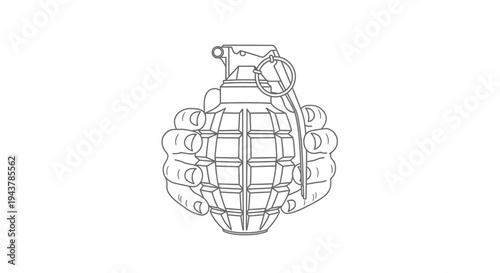 Hand Grenade in Hands, Outline Drawing, Military Weapon, Danger Symbol, War Concept