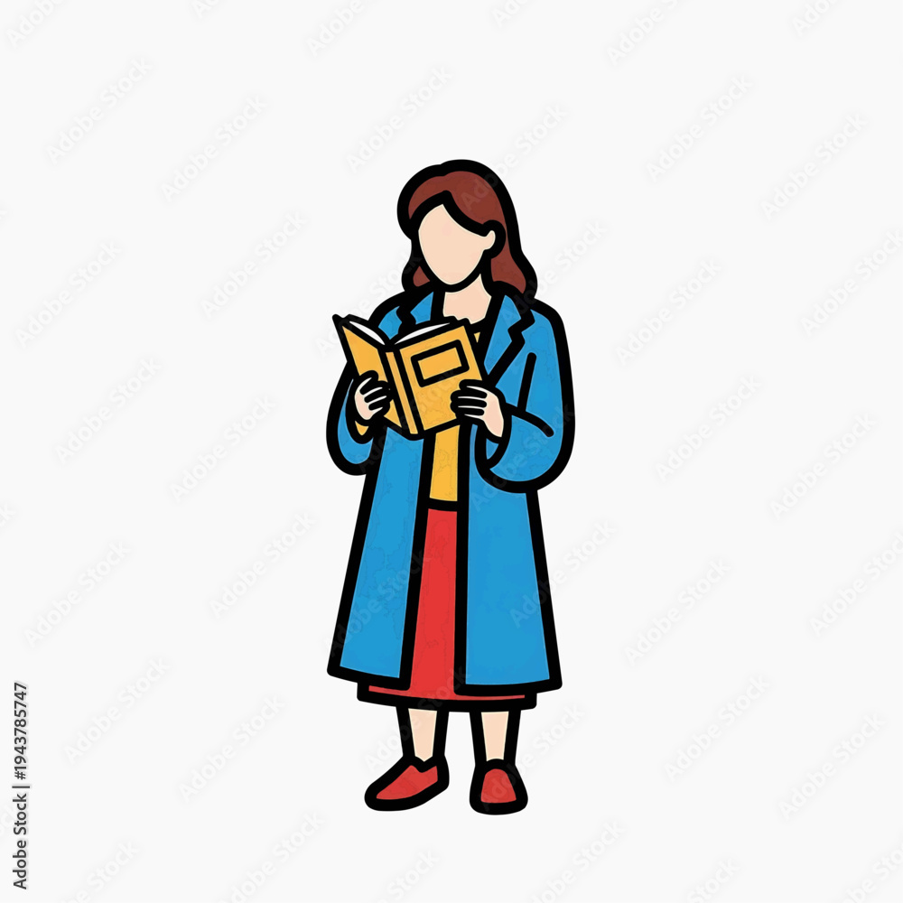 Fototapeta premium Woman in blue coat standing reading yellow book, minimalist literacy and travel concept
