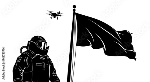 Man in Hazmat Suit, Drone, and Black Flag: Surveillance and Danger Concept