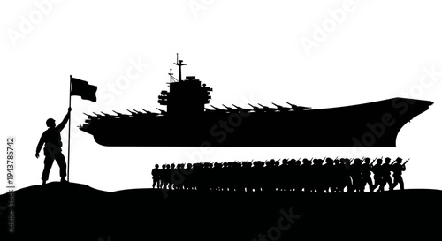 Military Aircraft Carrier and Soldiers Marching with Flag