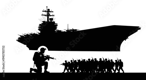 Military Aircraft Carrier and Soldiers Silhouette - War and Defense Concept