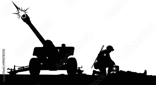 Military Artillery Firing and Medic Tending Wounded Soldier Silhouette