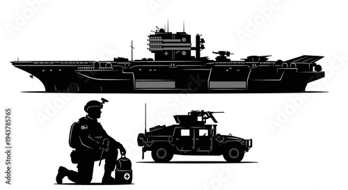 Military Aircraft Carrier, Soldier, and Humvee Silhouette - Modern Warfare and Defense Concept