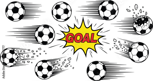 Soccer Balls Flying And Breaking With Goal Explosion Graphic On White Background football