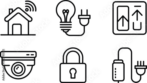 Six Outline Icons Representing Smart Home Technology and Security on White Background Keywords: smart home, technology, security