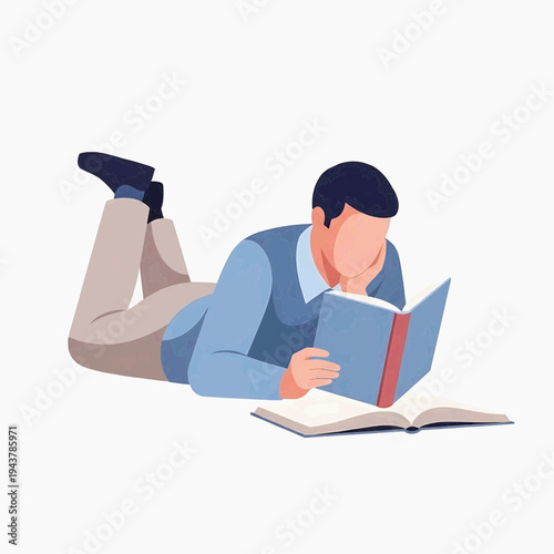 Man lying down reading book propped on elbows, relaxed study and literature concept