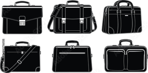 Six Black Silhouettes of Various Briefcases and Satchels on White Background Keywords: briefcase, satchel, bag, messenger bag