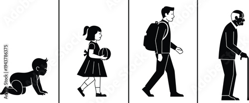 Silhouettes Representing Human Life Stages From Baby to Elderly Man Keywords: life stages, human evolution, baby, child, adult