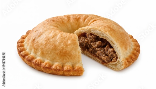 Golden sambousek pastry with spiced beef filling and flaky crust split open to reveal savory meat interior on white background