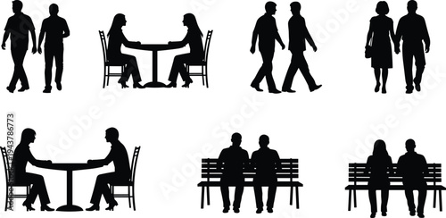 Silhouettes of People in Various Social Interactions and Activities Keywords: people, silhouettes, couples, walking, sitting