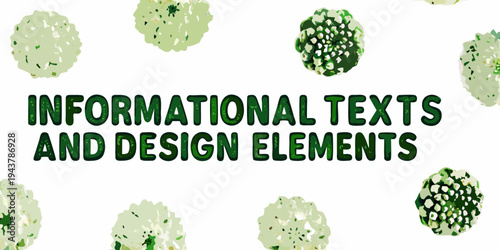 Abstract green foliage pattern with informational texts and design elements