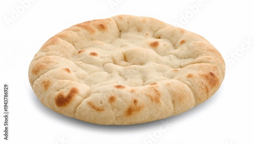 Freshly baked round pita bread with golden crust and puffy pocket on white background