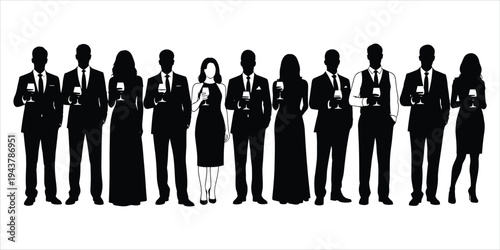 Silhouettes of Men and Women in Formal Attire Holding Wine Glasses Keywords: formal wear, evening wear, cocktail dress, suit