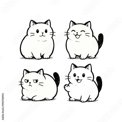 Set Of Four Cute Chubby Cat Doodle Illustrations With Different Expressions In Black And White Line Art Style For Sticker, Emoji, T-shirt Design Sheet.