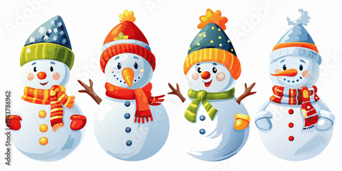 Four colorful snowmen wearing hats and scarves stand in a row
