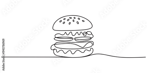 continuous line of burgers. line drawing of stuffed burger isolated. one line Icon drawing with white background, Single line drawing of a hamburger food illustration. Continuous one line drawing