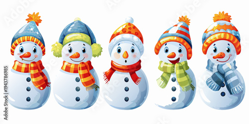 Five cheerful snowmen stand in a row each with unique hats and scarves