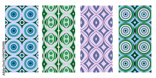 Four vibrant patterned panels with circular and geometric shapes