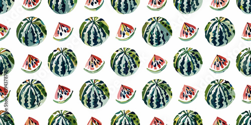 Colorful watermelon pattern with whole fruits and sliced pieces