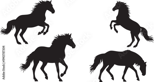 Black silhouette horses in motion on white background