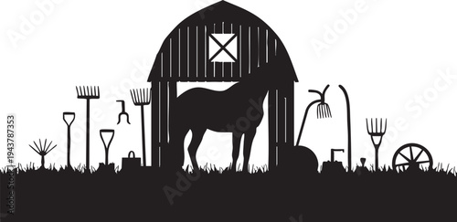Black silhouette horse standing in front of barn with farming tools