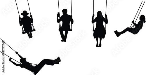 Silhouettes of People Swinging on Swings in Various Poses Keywords: people, silhouette, swinging, swings, playground, recreation