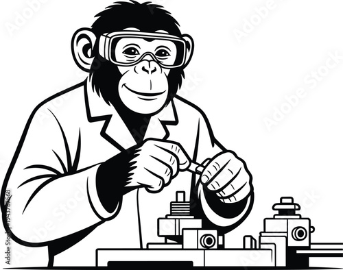 Black and white vector illustration of a chimpanzee technician wearing safety goggles and a lab coat assembling complex mechanical equipment.