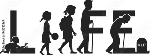 Silhouette of Human Life Stages from Baby to Elderly Person Forming the Word LIFE Keywords: life, stages, evolution, human