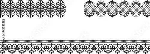 Lace borders, ornate designs, black and white patterns, decorative edges, elegant floral motifs