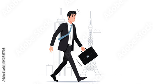 Businessman walking with briefcase in Paris, Eiffel Tower background
