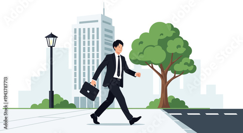 Businessman walking to work in city with briefcase and suit