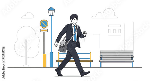 Businessman walking to work on city street with briefcase