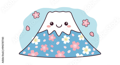 Cute Cartoon Fuji Mountain with Cherry Blossoms, Kawaii Japanese Icon