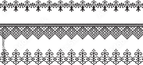 Lace borders, ornate designs, black and white patterns, decorative edges, elegant motifs