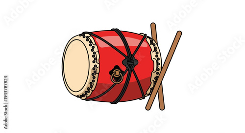 Japanese Taiko Drum with Drumsticks, Traditional Musical Instrument