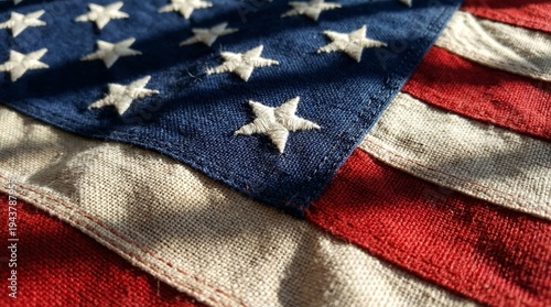 Φωτογραφία Detailed Close Up of Embroidered Stars on Vintage American Flag