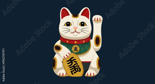 Lucky Cat Maneki Neko Waving Paw for Good Fortune, Japanese Culture Icon