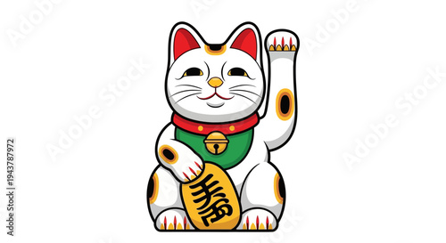 Lucky Cat Maneki Neko Waving Paw for Good Fortune, Japanese Culture Icon