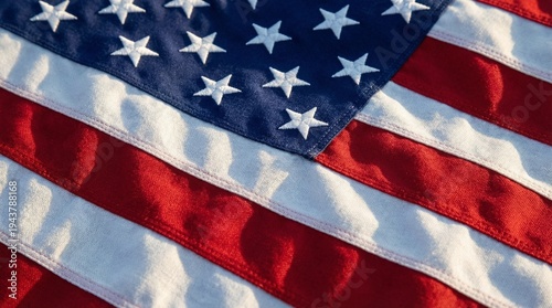 Close-up of American Flag with Stars and Stripes in Sunlight