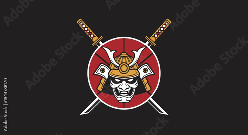 Samurai Warrior Mask and Crossed Swords Emblem on Black Background