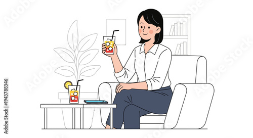 Woman enjoying a refreshing drink while relaxing on a sofa at home