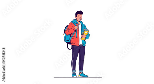 Young student with backpack and books, ready for school, isolated on white background