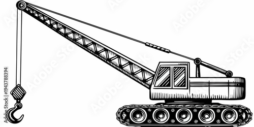 Heavy Duty Crawler Crane Construction Lifting Machine Woodcut Style Vector