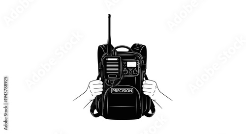 Hands holding a portable radio backpack transmitter for broadcasting or communication